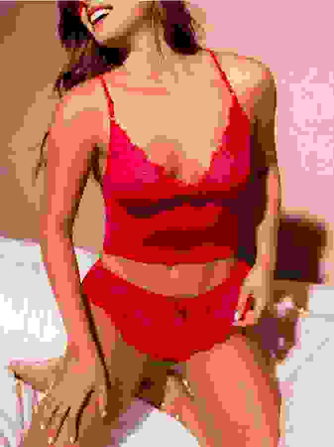Mapale Red Two Piece Lace Trim Cami Set, Red, hi-res